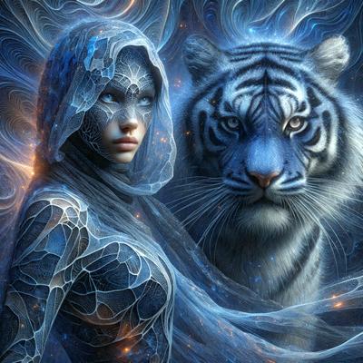 The primary subject of the image is a woman with blue eyes, wearing a blue dress and a blue veil. She is standing next to a tiger, which is the setting/background of the scene. The visual style of the image is digital art, and the colors and mood are predominantly blue, creating a serene and mystical atmosphere.